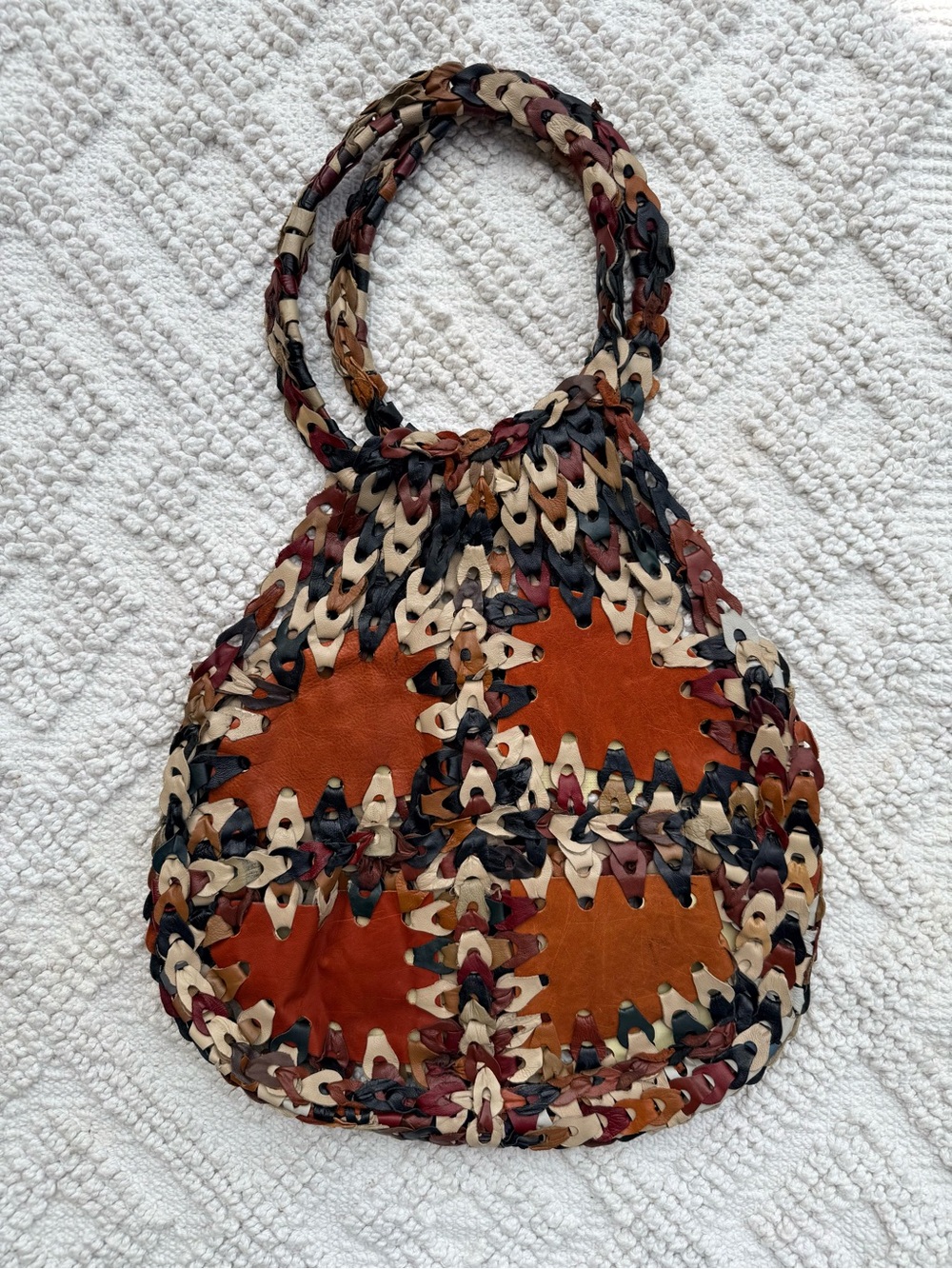 Vintage 1970’s Woven Multicolor Leather Tote Bag - Brown & Neutral